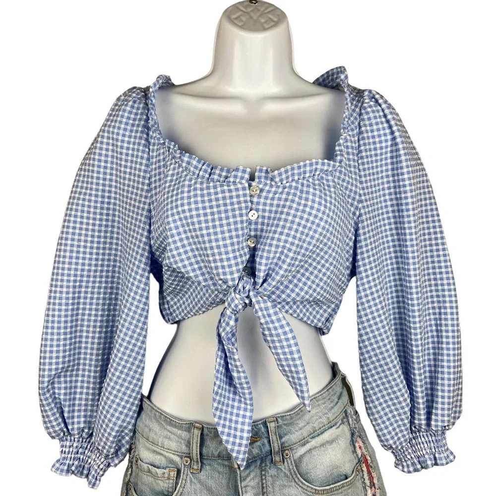 NWT ZARA Blue White Gingham Coquette Long Puff Sleeves Crop Top NWT XS
